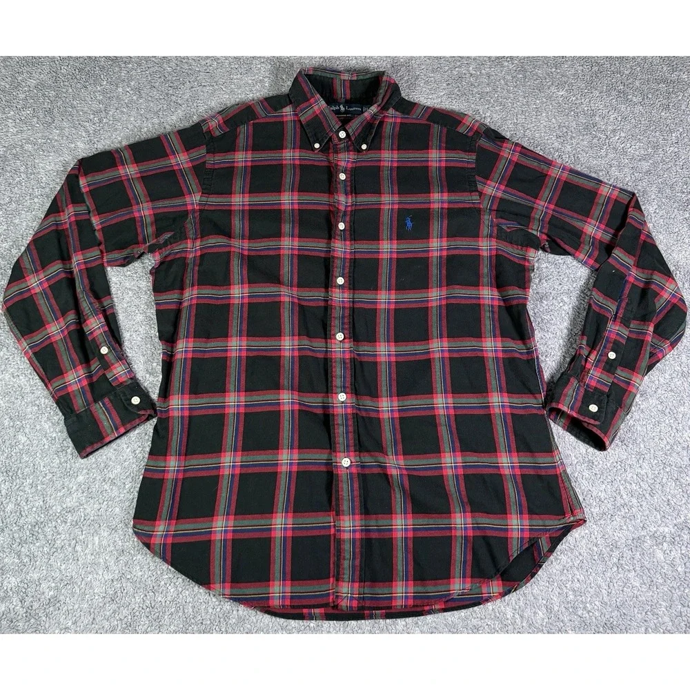 VTG Ralph Lauren Shirt Mens Large Black Red Green Cotton Button Down Lightweight